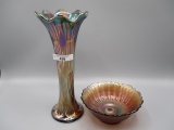 Fenton blue vase and purple sauce Carnival Glass