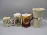 4 Advertising mugs including Hires rootbeer. Salem MA/ Round Oak Stoves