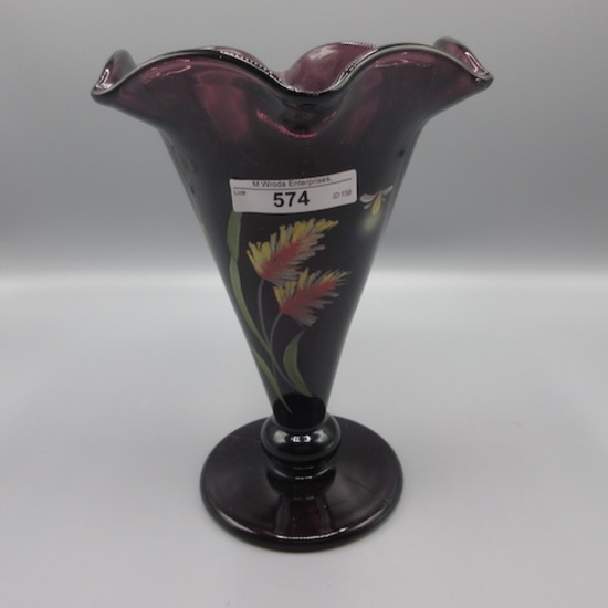 Fenton HP Aubergine Trumpe Vase "Lightening Bug" QVC 103/350