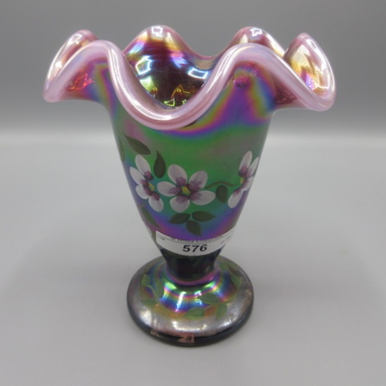 Fenton Plum Opal Irid. HP Floral Vase George Fenton