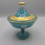 Heisey HP Gold on Teal Covered Compote