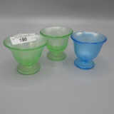 3 celeste/ 2 ice green stretch glass nut dishes as shown