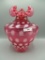 Fenton very large cranberry opalescent Dot Optic vase with a tri top crimp,