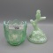 Fenton green iridized Owl ring tree & green iridized votive