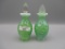 Fenton pair of green swirl Feather perfume bottles Shiny. one has frosted s