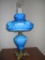 Fenton deep blue satin Embossed Roses lamp made by Fenton for LG Wright. An