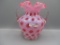 Fenton cranberry opal Coin Dot large 2 handled vase. Nice even strong color
