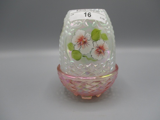Fenton French opalescent iridized Basketweave fairy lamp. Pink w/white flow