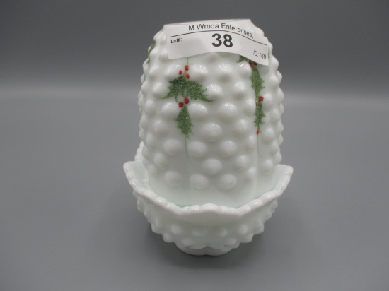 Fenton Christmas Holly on Milk Glass Hobnail fairy lamp