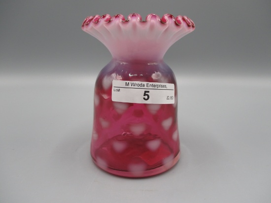 Fenton SAMPLE cranberry opalescent Hearts small whimsey vase. Sample sticke