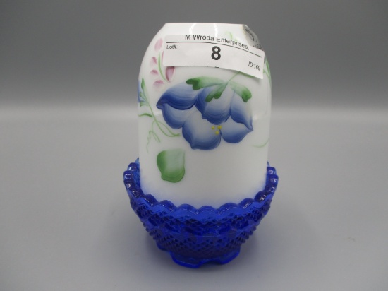 Fenton fairy lamp-Milk glass top w/blue flowers, green leaves w/pink cobalt