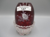 Fenton ruby Fairy lamp w/white roses and the word LOVE