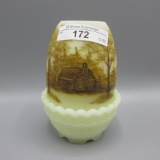 Fenton Log Cabin on custard fairy lamp. HP by Gloria Finn