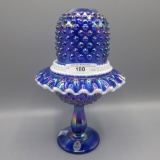 Fenton QVC blue Carnival Hobnail Fairy Lamp w/White Crest 9
