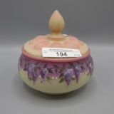 Fenton SAMPLE burmese powder box w/purple Wisteria & green leaves. HP by S.