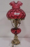 Fenton cranberry Coin Dot (No Opalescent) lamp, Metal at base has a small s