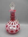 Fenton cranberry opal Coin Dot large cruet w King crown stopper, no harm br