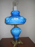 Fenton deep blue satin Embossed Roses lamp made by Fenton for LG Wright. An