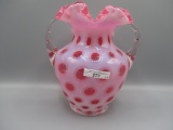 Fenton cranberry opal Coin Dot large 2 handled vase. Nice even strong color