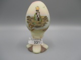 Fenton hand painted egg on stand w/ Lighthouse