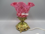 Fenton small cranberry opalescent Diamond Optic lamp. Pretty!