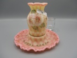 Fenton burmese Diamond Optic 1 pc. fairy lamp, pink & white flowers. The Mu