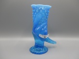 Fenton blue opalescent Hobnail hand vase 6.25