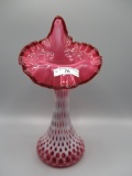 Fenton SAMPLE cranberry opalescent Honeycomb jack in the pulpit vase-8.5