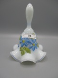Fenton bell white w/blue flowers, yellow centers, green leaves, HP by S Har