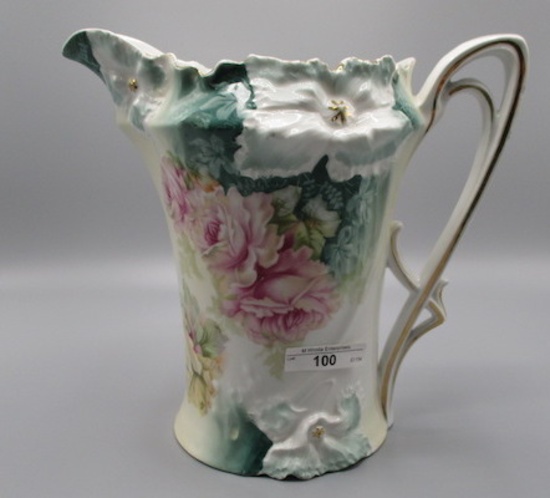 RS Prussia Carnation Mold Cider Pitcher with Roses on Green background. RM