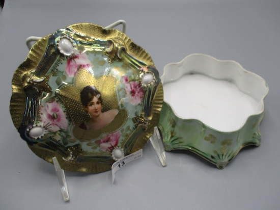 RS Prussia 7" Ribbon & Jewel covered dresser box w/ Recaimer portrait in go