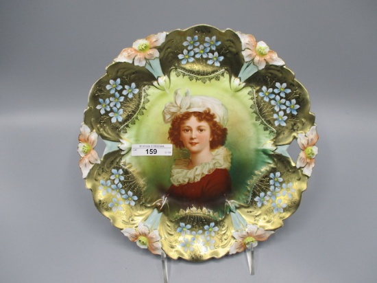 RS Prussia 10" Lily Mold Cake Plate Gold Domes with Little Light Blue Viole