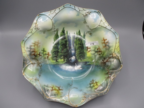 RS Prussia 11" Bowl with Swans in Channel Decor Multi-Color Background. RM