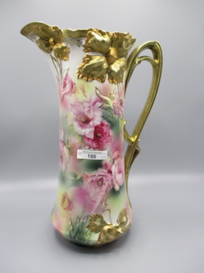 RS Prussia 13.5" Carnation Mold Tankard with Gold Carnations and Handle, Po