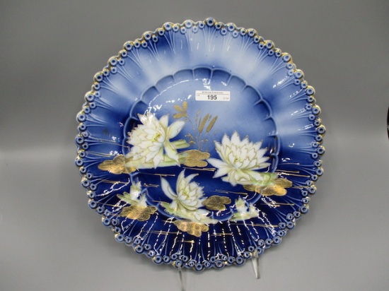 RS Prussia 12" Balloon mold charger, cobalt blue w/ gold lily pads and wate