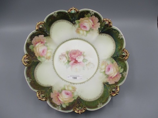 RS Prussia 11" satin/ tiffany finish bowl w/ white roses decor. A real soft