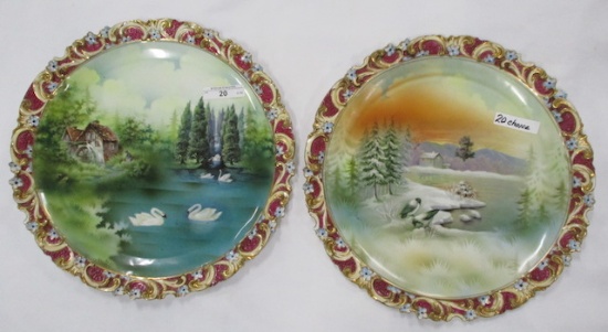 Pair of RS Prussia 12" scenic plaques. First is a Snowbirds scenic plaque a