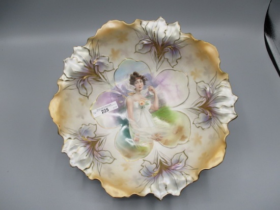 RS Prussia 10.5" satin finish Iris mold bowl w/ Fall Season portrait. RM