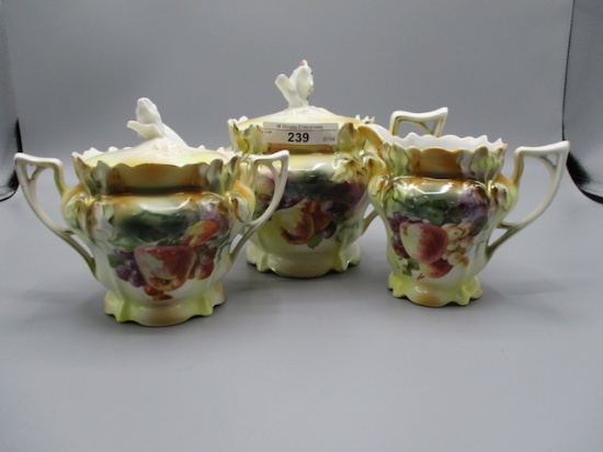 RS Prussia Iris mold 3 pc tea set w/ Fruit decor. RM
