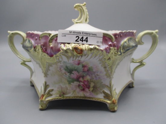 RS Prussia footed cracker jar, satin tiffany trim w. red jewels and poppy d