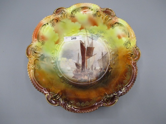 RS Prussia 10.5" bowl w/ Masted Schooner scene on dark background colors. R