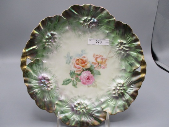 RS Prussia 10.5" tiffany finish Sunflower mold cake plate w/ roses decor.