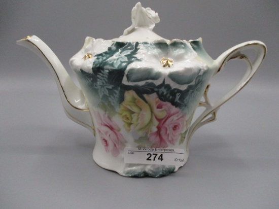RS Prussia carnation mold floral teapot w green background. RM