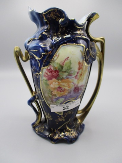 RVG 8" Cobalt Leaf Form 2-handled vase with Wildflowers. RVG