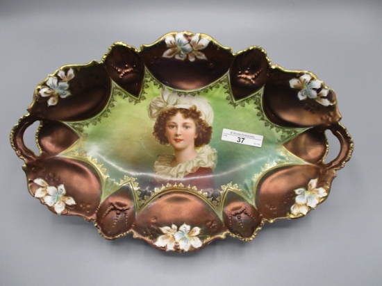 RS Prussia 13x8" Oval Bowl, Lebrun with Hat, Tiffany Dome and Gold Stencili