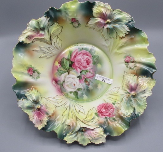 RS Prussia 12" Carnation Mold Center Piece Bowl dark Yellows and Green back