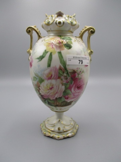 RS Prussia 8.5" Satin Finish 2-Handled Vase with Hanging Basket of Flowers.