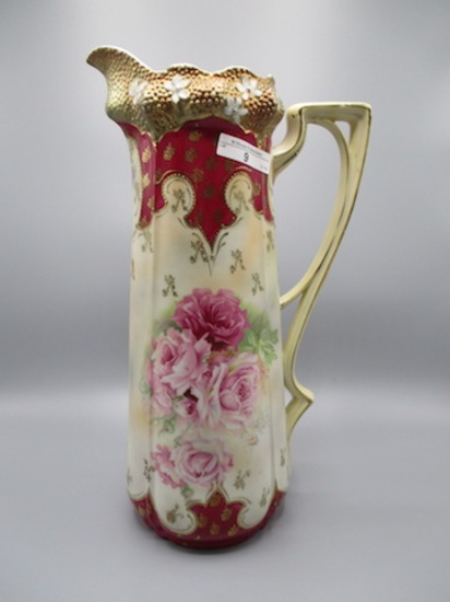 RS Prussia 13" Stippled Floral mold tankard in satin finish with Roses deco