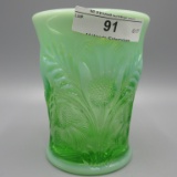 Carnival Glass Tumbler-  green opal Inv Thistle Maker??