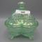 Fenton pastel green iridized footed powder jar